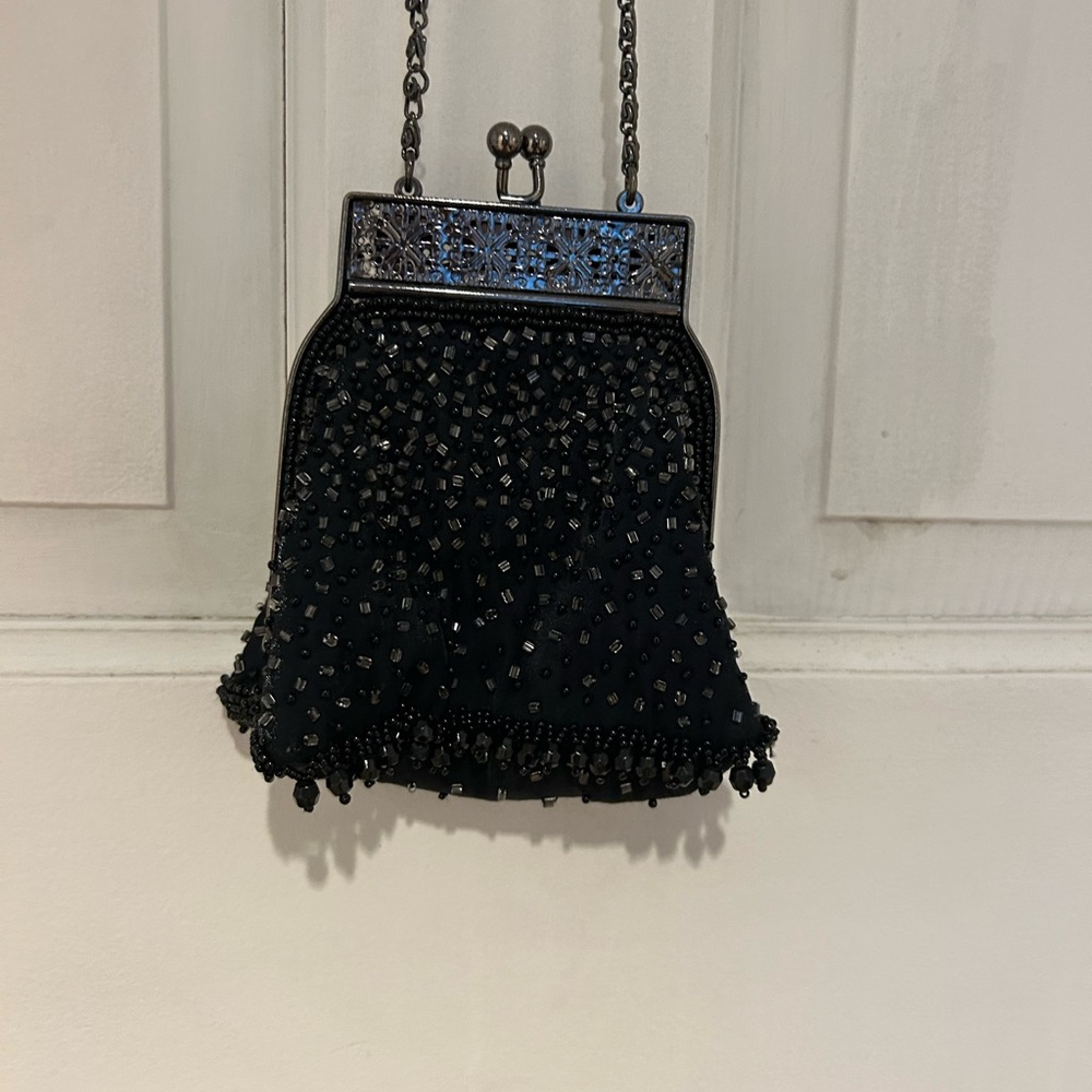 Bloomingdale's Aqua Beaded Clutch - Black and Dark Silver Crossbody Evenin…